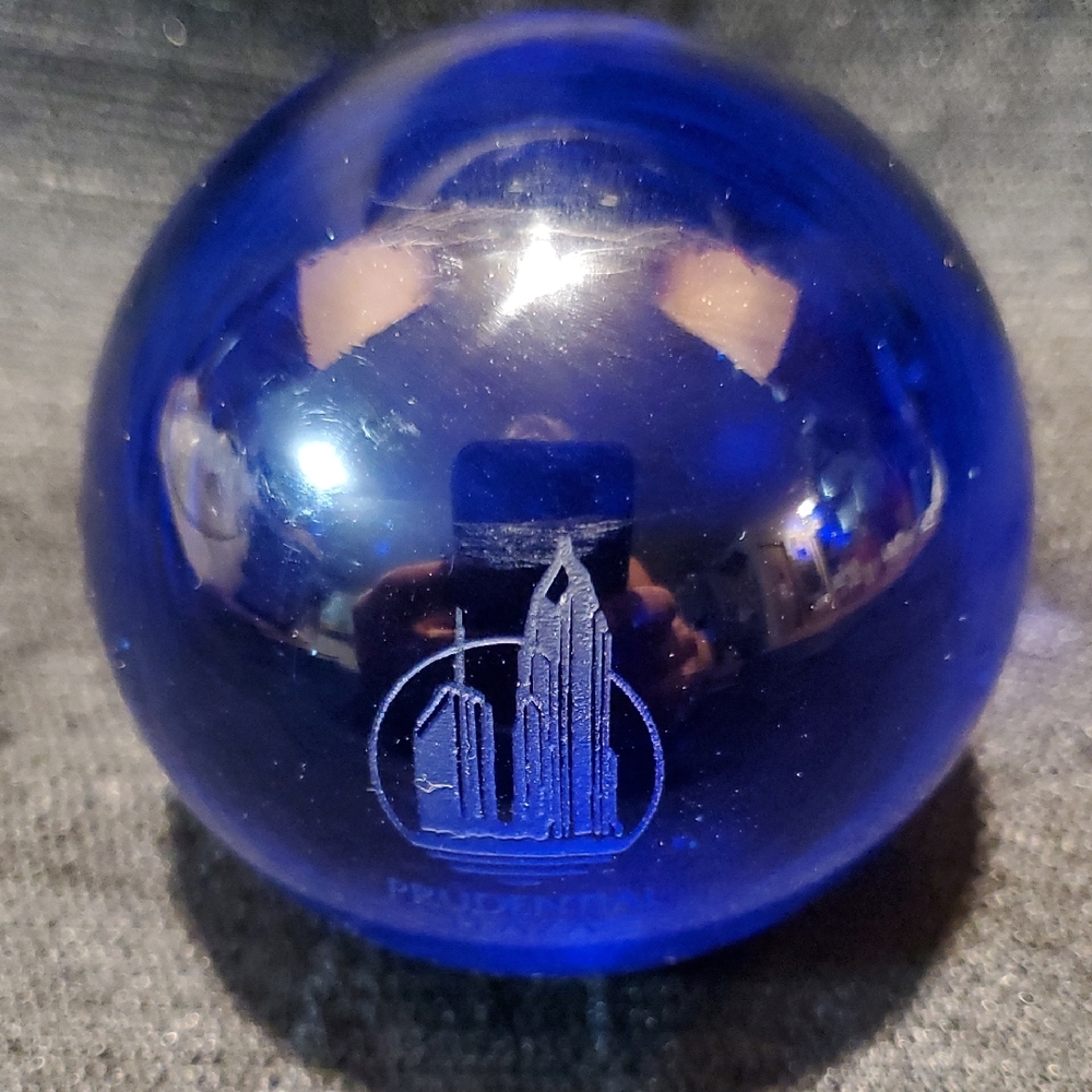 Cobalt Blue Glass Decorative Sphere with Etched City Motif